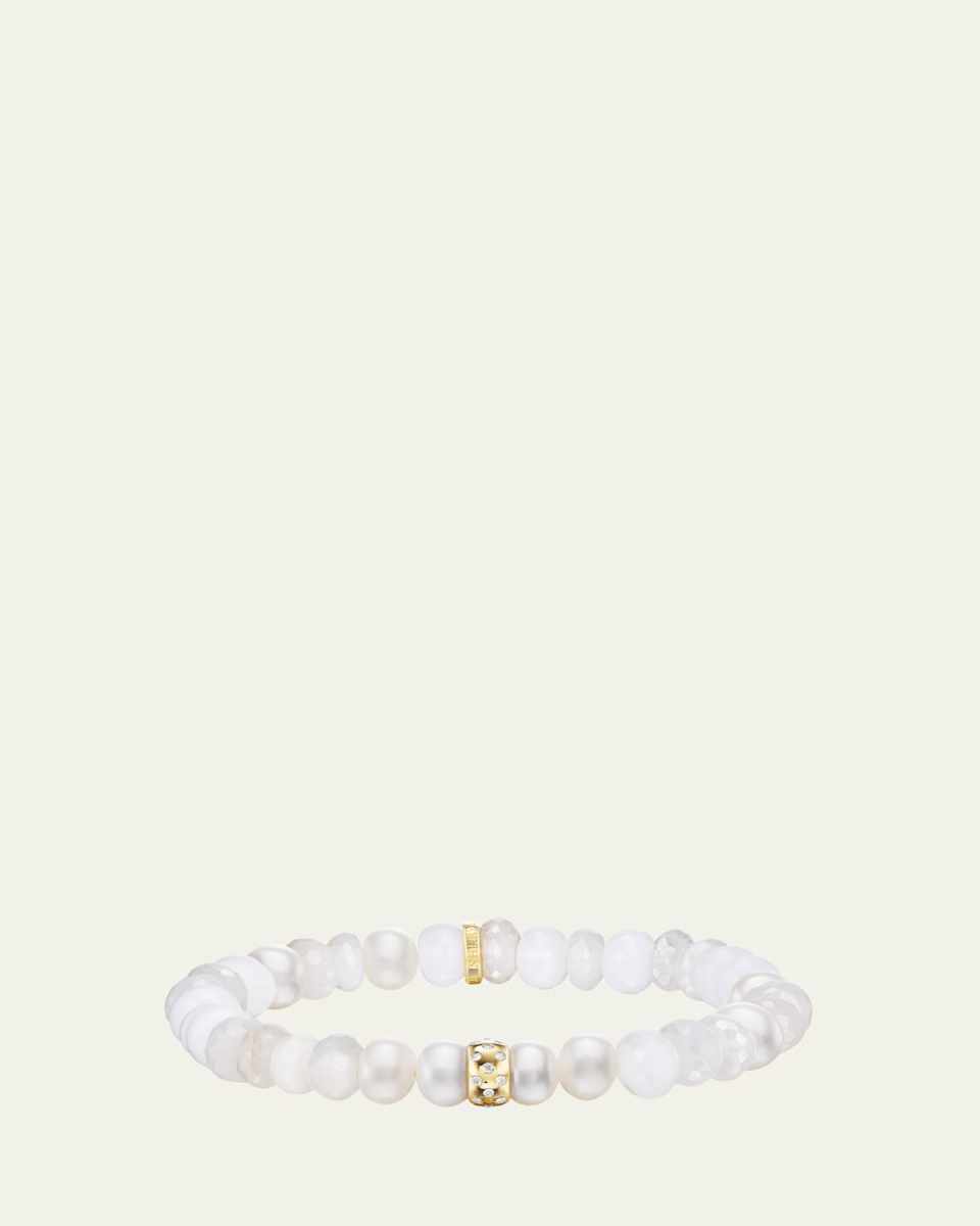 White Mix 8mm Bead Bracelet with 14K Yellow Gold 1 Triple Row Flush Set Rondelle